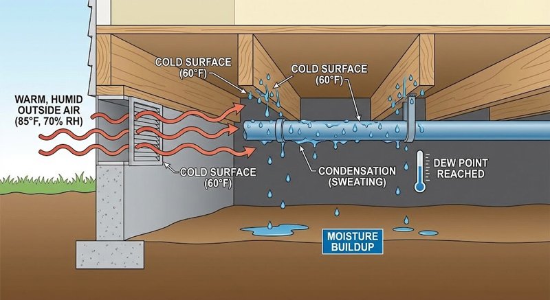 Diagram showing dew point condensation process in a crawl space when warm humid air hits cold pipes