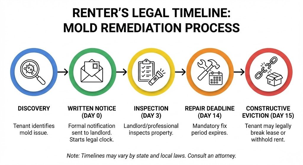 Timeline infographic of the renter's legal process: Discovery, Notice, Inspection, and Constructive Eviction