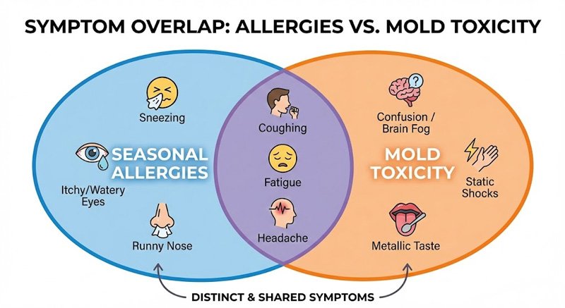 Venn diagram showing symptom overlap between seasonal allergies and mold toxicity