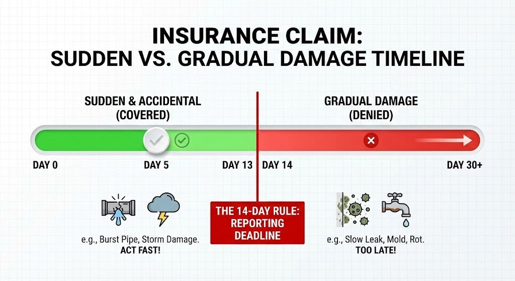 Insurance claim timeline showing the difference between sudden covered damage vs gradual denied damage based on the 14-day rule