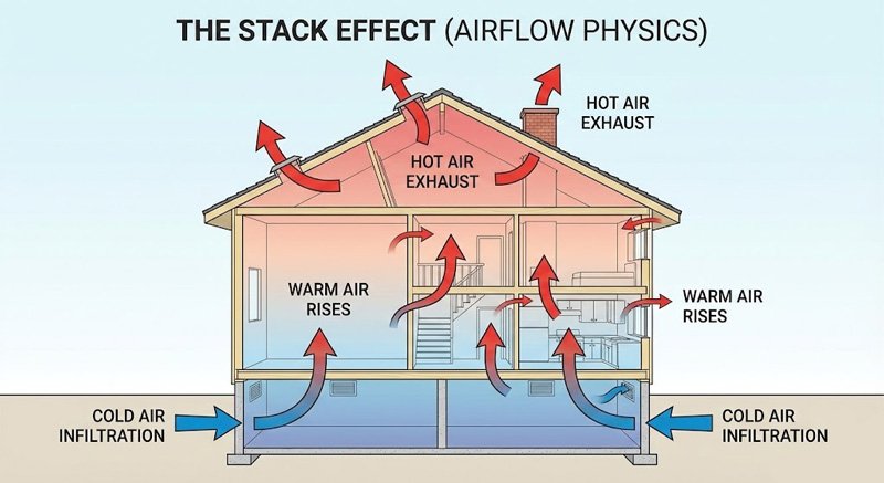 Diagram of the stack effect showing airflow from crawl space through living area to attic exhaust